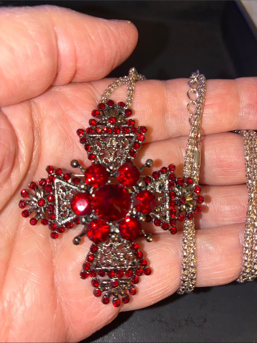 Vintage-Inspired Red Crystal Cross Pendant/Brooch Necklace